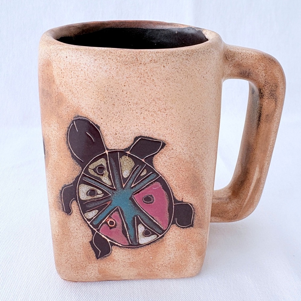 Vtg Mara Lead Free Stoneware Mexico Sea Turtle Folk Art Square Base Coffee Mug
